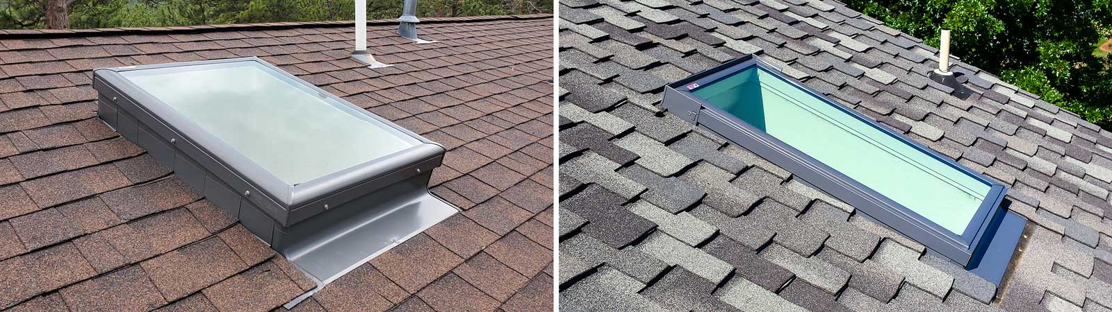 An image of a curb mounted skylight and a deck mounted skylight.